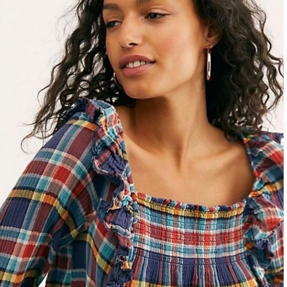 NWT Free People Sienna Plaid Ruffle Pullover Top - Picture 2 of 10